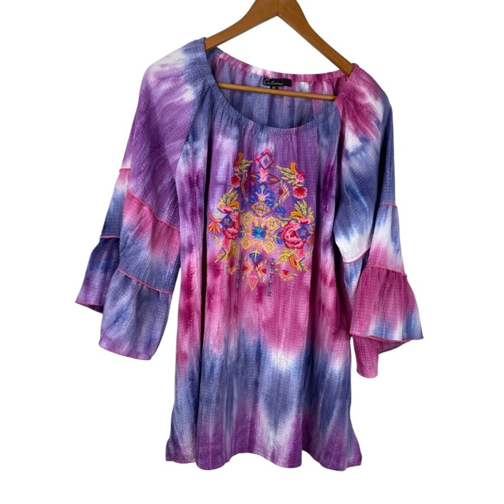 Calessa Tie Dye Embroidered Floral Bell Sleeve Boho Festival Hippie Top Size 1X